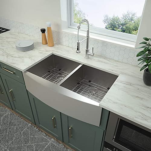 33 Double Farmhouse Sink - Logmey 33 inch Farmhouse Sink Apron Front Double Bowl 50/50 Stainless Steel 18 Gauge Farm Kitchen Sink