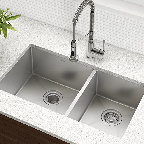 Kraus Standard PRO 33-Inch 16 Gauge Undermount 60/40 Double Bowl Stainless Steel Kitchen Sink, KHU103-33