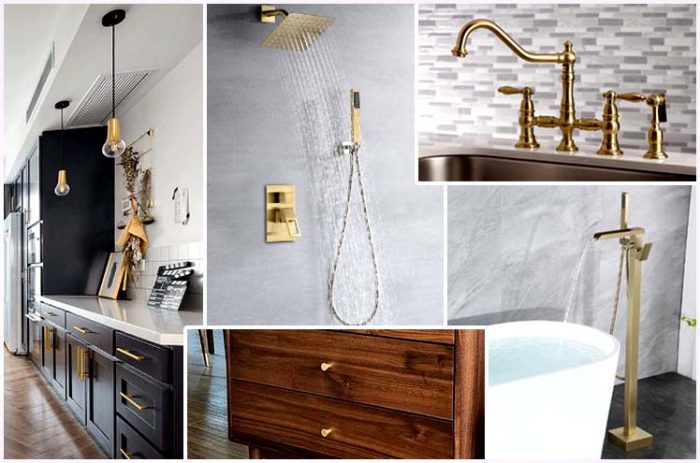 Brushed brass finished kitchen and bathroom fixtures for example kitchen lighting and wardrobe knob, bathtub faucet, kitchen faucet, shower system.