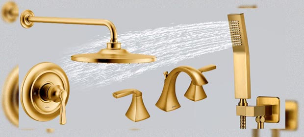 Brushed gold finished shower trim, showerhead, bathroom faucet, handheld shower