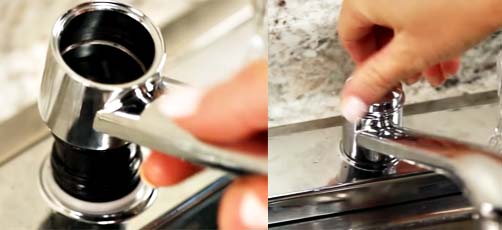 Reinstall the spout handle and plastic decorative covers