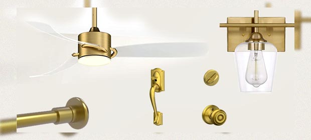 satin brass finished Ceiling Fan, knob, kitchen lighting and towel bar